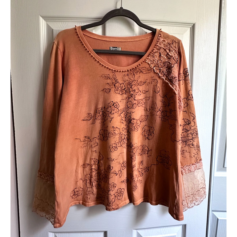 Bamboo Co Womens XL Orange Long Sleeve Beaded Embroidered Mixed Media Boho Top